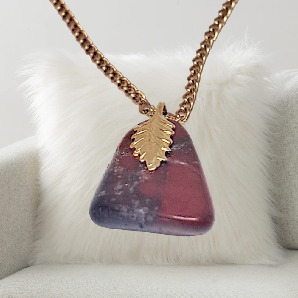 Burgundy Color Natural Stone Pendant with Gold Tone Necklace